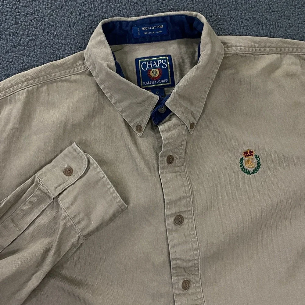 Vintage Chaps Ralph Lauren Shirt Mens XL Tan Herringbone Twill Crest Logo Preppy